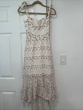 Dress the Population White Floral Midi Dress with Red and Green Accents